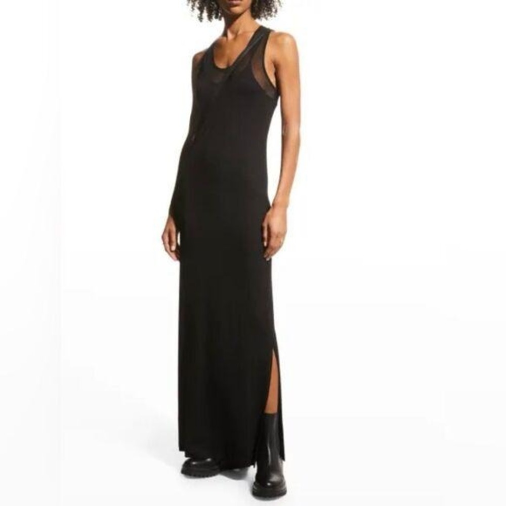 Anatomie Taya Mesh-Trim Racerback Maxi Dress Navy Blue Side Slit Stretch Goth XS